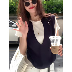 阿瓦薩法式假兩件針織衫女2025新款設計感小衆修身顯瘦打底衫上衣