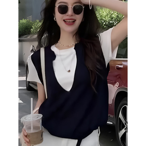 阿瓦薩法式假兩件針織衫女2025新款設計感小衆修身顯瘦打底衫上衣