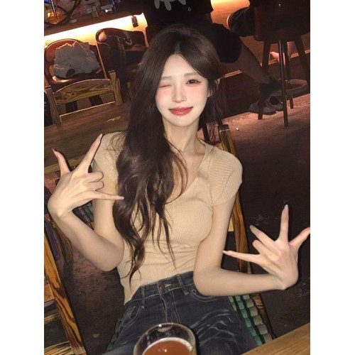 純欲風辣妹性感V領短袖針織衫女夏季新款修身顯瘦內搭打底衫上衣