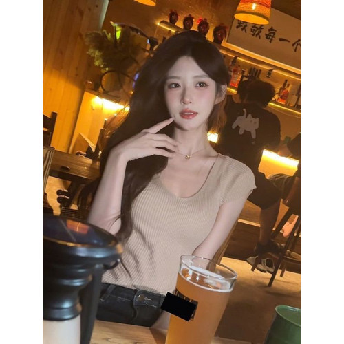純欲風辣妹性感V領短袖針織衫女夏季新款修身顯瘦內搭打底衫上衣