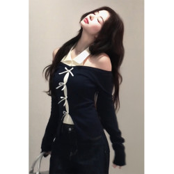 ROUJE BGMOK假兩件長袖針織衫女2025春秋季打底衫修身設計感上衣