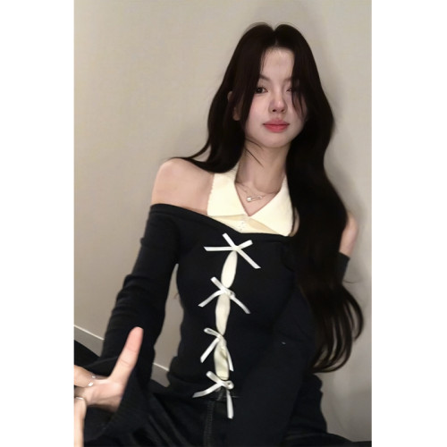 ROUJE BGMOK假兩件長袖針織衫女2025春秋季打底衫修身設計感上衣