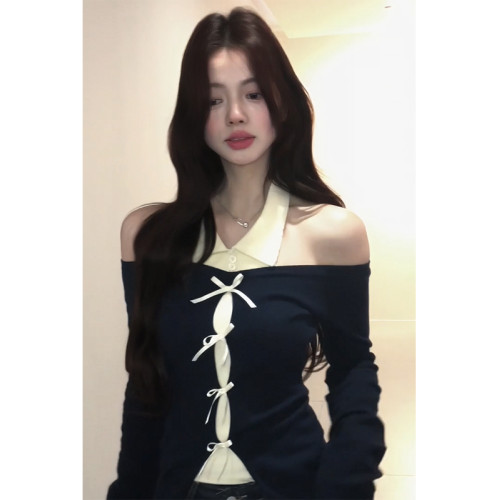 ROUJE BGMOK假兩件長袖針織衫女2025春秋季打底衫修身設計感上衣