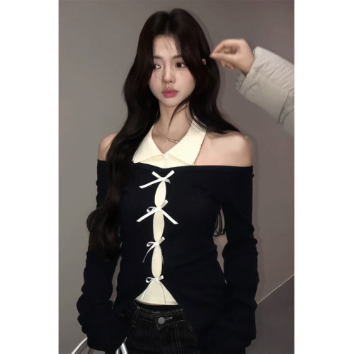 ROUJE BGMOK假兩件長袖針織衫女2025春秋季打底衫修身設計感上衣