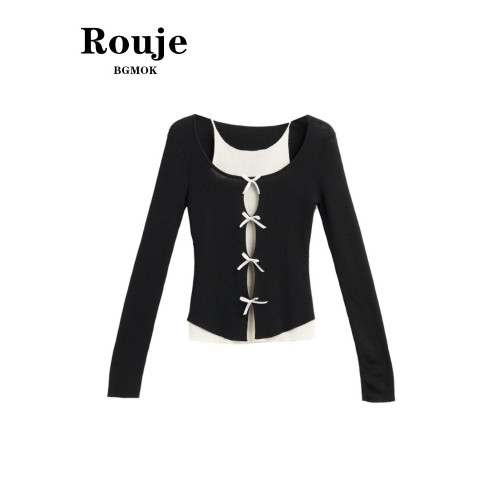 ROUJE BGMOK假兩件長袖針織衫女2025春秋季打底衫修身設計感上衣