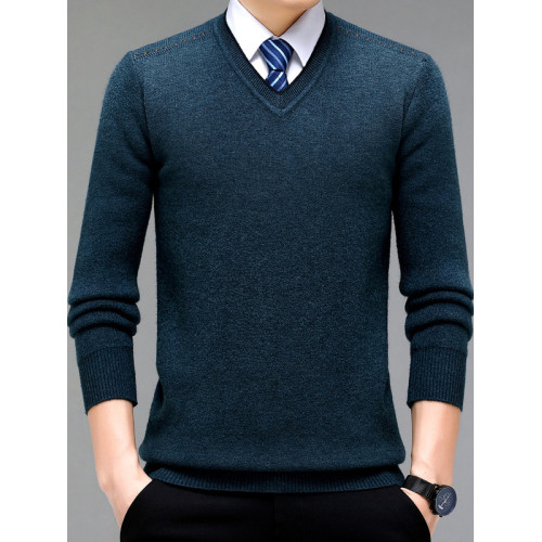 100%純羊毛衫男士毛衣秋冬季大碼加絨加厚雞心領內搭針織打底衫