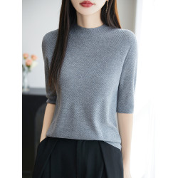 一線成衣精紡無縫魚骨紋醋酸天絲羊毛短袖女簡約百搭半高領打底衫