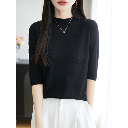 一線成衣精紡無縫魚骨紋醋酸天絲羊毛短袖女簡約百搭半高領打底衫