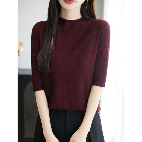 一線成衣精紡無縫魚骨紋醋酸天絲羊毛短袖女簡約百搭半高領打底衫