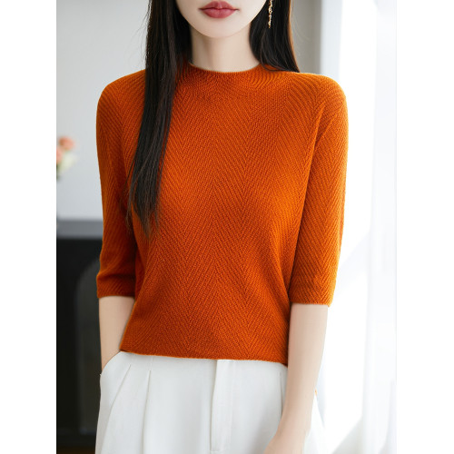 一線成衣精紡無縫魚骨紋醋酸天絲羊毛短袖女簡約百搭半高領打底衫