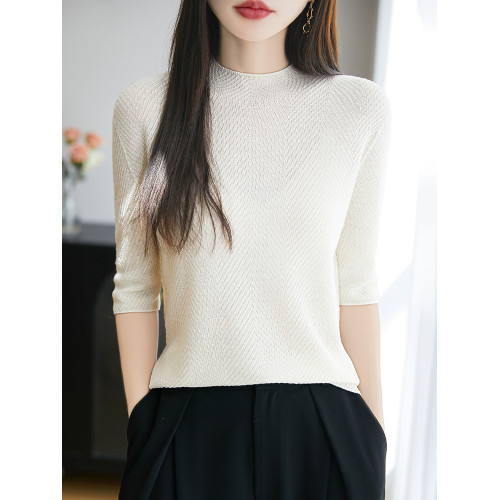 一線成衣精紡無縫魚骨紋醋酸天絲羊毛短袖女簡約百搭半高領打底衫