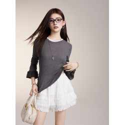 OTEBANBASS2024秋冬風琴袖雙領打底衫女士修身純色套頭百搭上衣