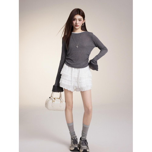 OTEBANBASS2024秋冬風琴袖雙領打底衫女士修身純色套頭百搭上衣