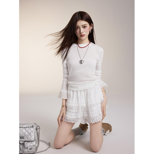 OTEBANBASS2024秋冬風琴袖雙領打底衫女士修身純色套頭百搭上衣