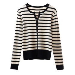 條紋針織衫女秋冬2024新款外搭毛衣休閒修身顯瘦長袖打底衫上衣