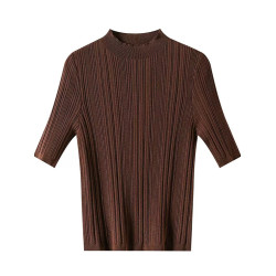 2025早秋新款半高領短袖打底衫女氣質高級感天絲醋酸坑條針織衫