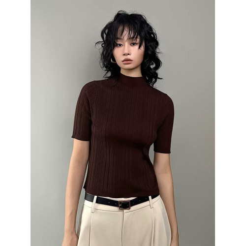 2025早秋新款半高領短袖打底衫女氣質高級感天絲醋酸坑條針織衫