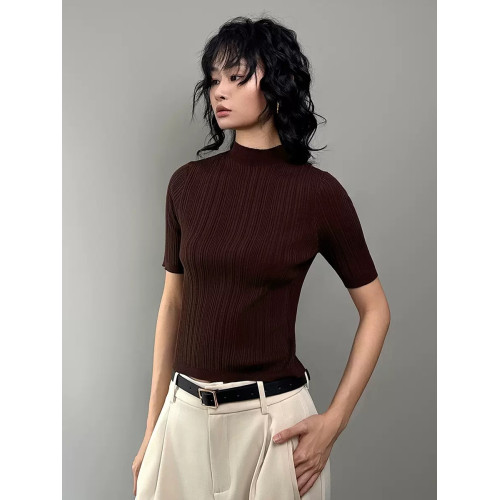 2025早秋新款半高領短袖打底衫女氣質高級感天絲醋酸坑條針織衫