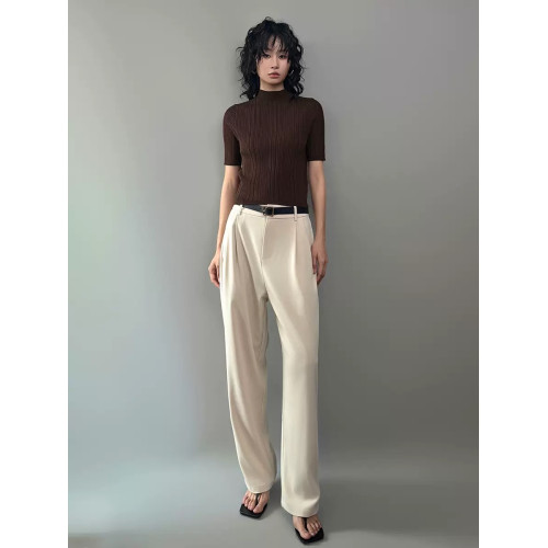 2025早秋新款半高領短袖打底衫女氣質高級感天絲醋酸坑條針織衫