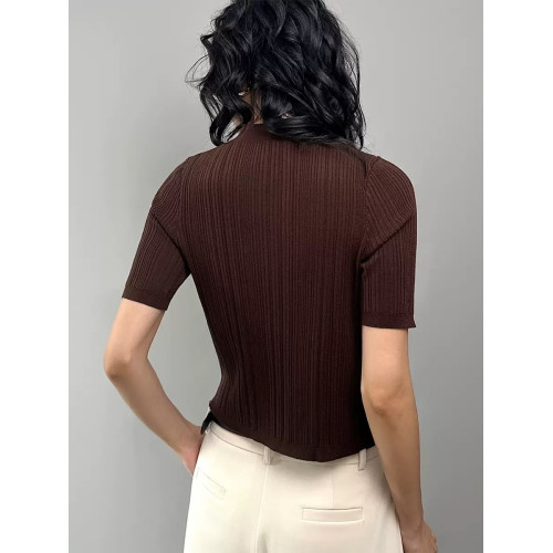 2025早秋新款半高領短袖打底衫女氣質高級感天絲醋酸坑條針織衫