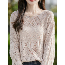 2025新款圓領毛衣女韓版鉤花鏤空薄款百搭潮流純色針織打底衫