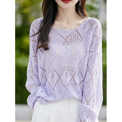 2025新款圓領毛衣女韓版鉤花鏤空薄款百搭潮流純色針織打底衫