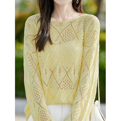 2025新款圓領毛衣女韓版鉤花鏤空薄款百搭潮流純色針織打底衫