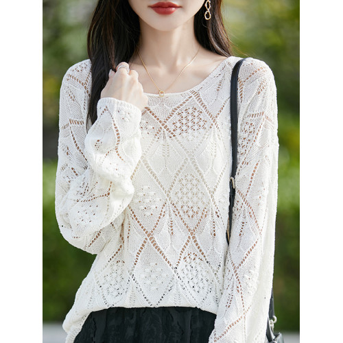 2025新款圓領毛衣女韓版鉤花鏤空薄款百搭潮流純色針織打底衫