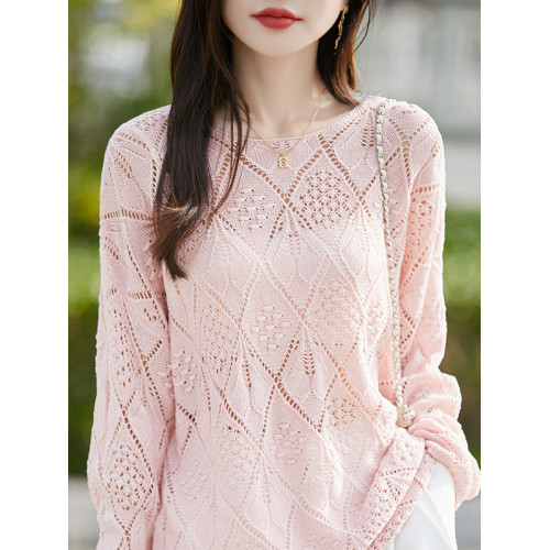 2025新款圓領毛衣女韓版鉤花鏤空薄款百搭潮流純色針織打底衫