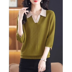 春夏裝薄款內搭翻領拼色七分袖冰絲針織衫女韓版寬松打底衫上衣薄