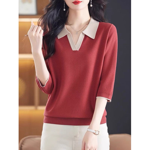 春夏裝薄款內搭翻領拼色七分袖冰絲針織衫女韓版寬松打底衫上衣薄