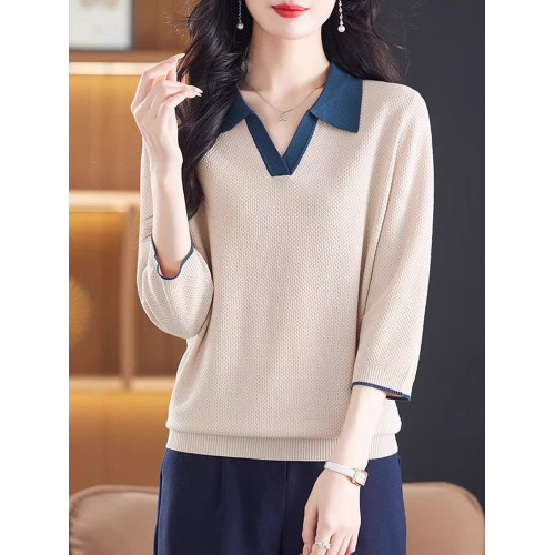 春夏裝薄款內搭翻領拼色七分袖冰絲針織衫女韓版寬松打底衫上衣薄