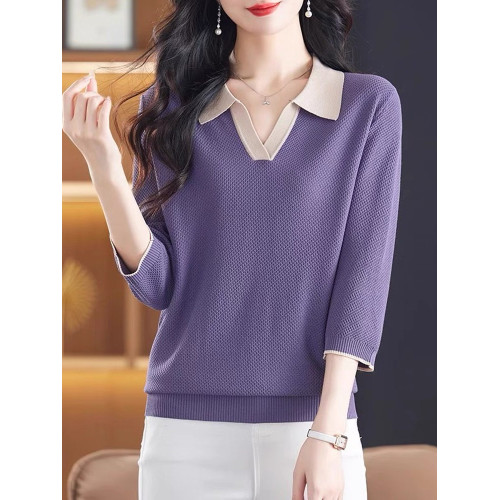 春夏裝薄款內搭翻領拼色七分袖冰絲針織衫女韓版寬松打底衫上衣薄