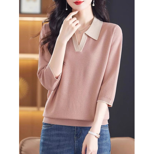 春夏裝薄款內搭翻領拼色七分袖冰絲針織衫女韓版寬松打底衫上衣薄