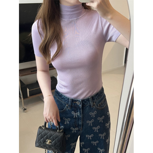 縱享絲滑 四季款ji致膚感紫色立領彈力針織打底衫