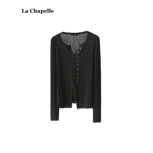 拉夏貝爾/La Chapelle秋季新款設計感V領針織衫女開叉紐釦打底衫
