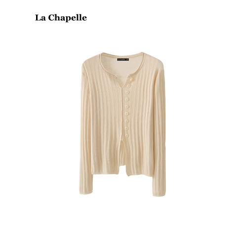 拉夏貝爾/La Chapelle秋季新款設計感V領針織衫女開叉紐釦打底衫