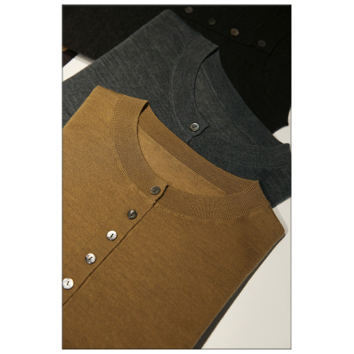 2024春顯瘦顯單薄 亨利領排釦針織衫女蠶絲棉羊毛打底衫薄毛衣女