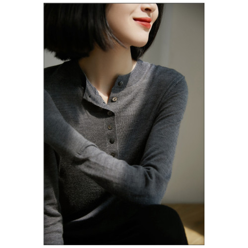 2024春顯瘦顯單薄 亨利領排釦針織衫女蠶絲棉羊毛打底衫薄毛衣女