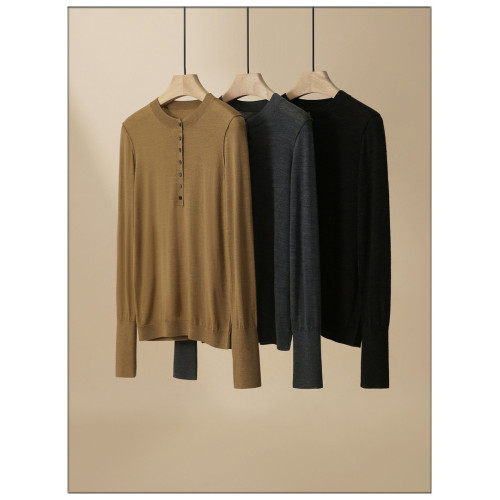 2024春顯瘦顯單薄 亨利領排釦針織衫女蠶絲棉羊毛打底衫薄毛衣女