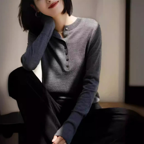 2024春顯瘦顯單薄 亨利領排釦針織衫女蠶絲棉羊毛打底衫薄毛衣女