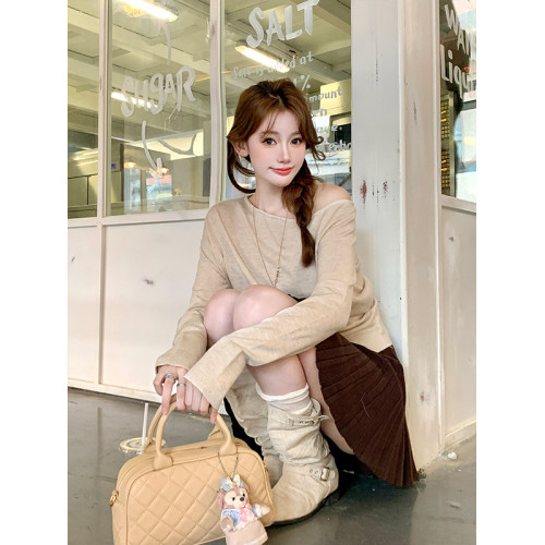 薄款防曬罩衫絕美露肩斜肩一字領針織長袖打底衫秋開叉甜辣上衣