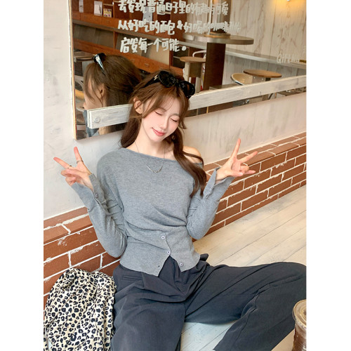 薄款防曬罩衫絕美露肩斜肩一字領針織長袖打底衫秋開叉甜辣上衣