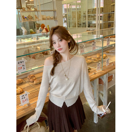 薄款防曬罩衫絕美露肩斜肩一字領針織長袖打底衫秋開叉甜辣上衣