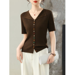 天絲柔軟涼爽夏季新款針織開衫女韓版V領翻領短袖百搭打底衫上衣