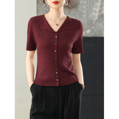 天絲柔軟涼爽夏季新款針織開衫女韓版V領翻領短袖百搭打底衫上衣