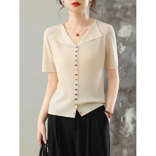 天絲柔軟涼爽夏季新款針織開衫女韓版V領翻領短袖百搭打底衫上衣