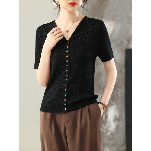 天絲柔軟涼爽夏季新款針織開衫女韓版V領翻領短袖百搭打底衫上衣