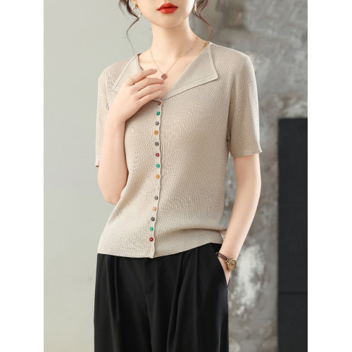 天絲柔軟涼爽夏季新款針織開衫女韓版V領翻領短袖百搭打底衫上衣