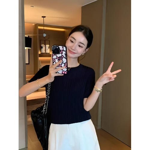 巴巴蟻法式冰絲針織衫女2025夏季新款圓領短袖上衣修身顯瘦打底衫